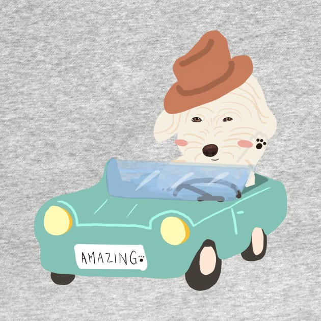 Maltipoo Dog Driving Retro Car Illustration by PatternbyNOK